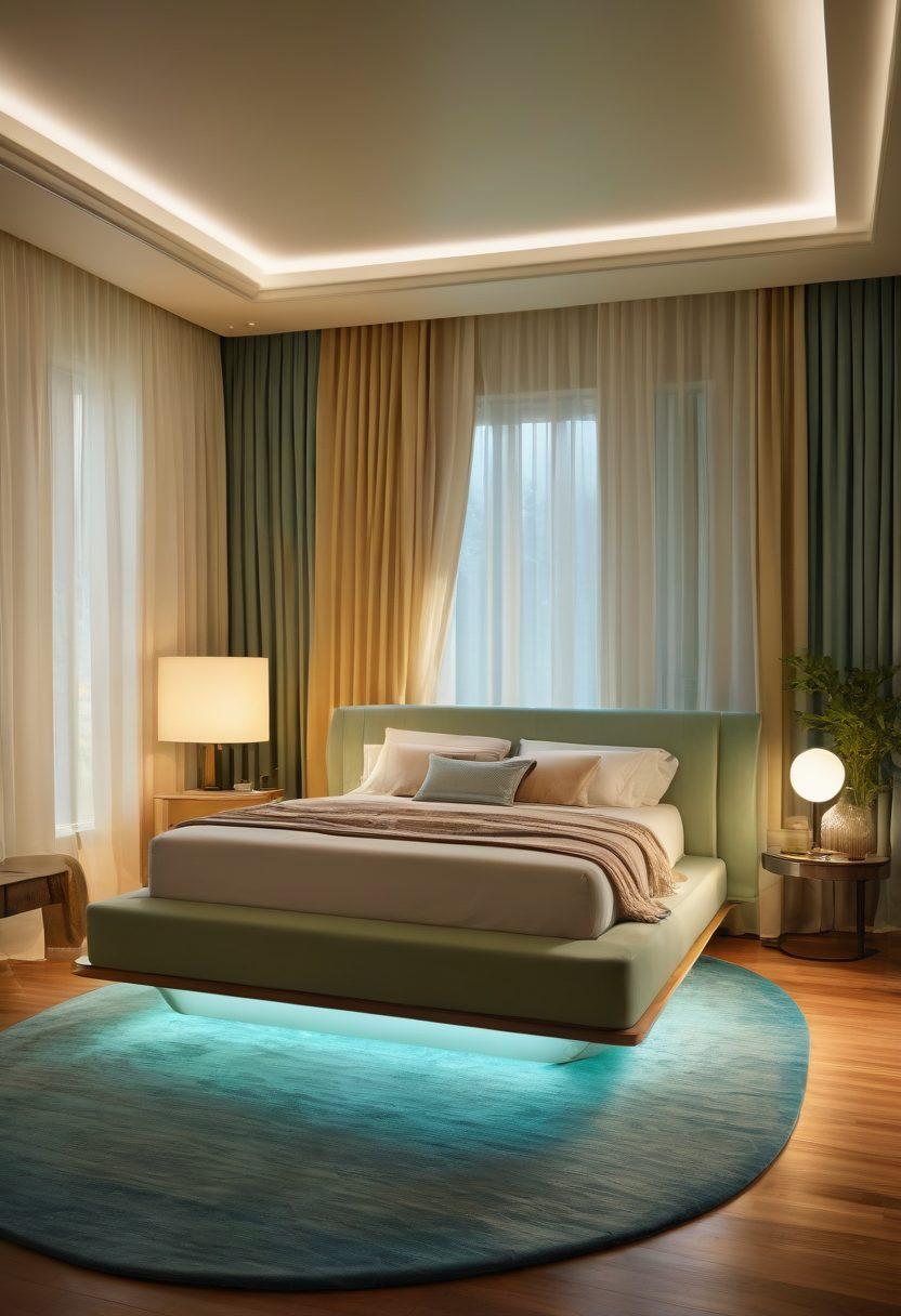 A luxurious bedroom featuring a modern water bed, with soft flowing waves visible beneath a stylish cover. The room is bathed in soft, calming colors with ambient lighting, showcasing plush pillows and trendy decor elements. A serene window view with gentle, flowing curtains adds to the tranquility, while hints of nature are visible outside. The overall atmosphere conveys both comfort and innovation in sleep solutions. super-realistic. vibrant colors. soft lighting.