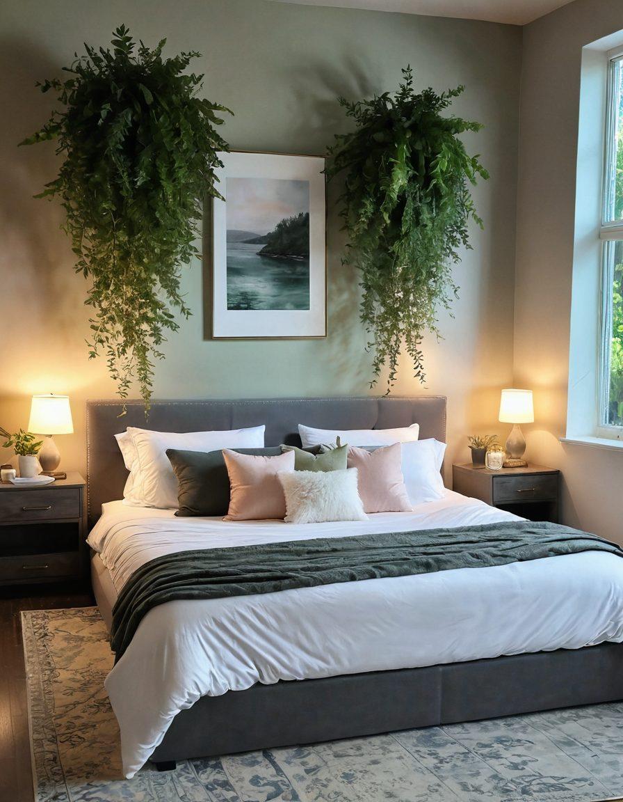 A serene bedroom showcasing a luxurious waterbed, surrounded by soft, calming colors and ambient lighting. Incorporate lush greenery, cozy textiles, and decorative elements that evoke tranquility and relaxation. Highlight the waterbed's unique features while blending it seamlessly into the overall decor for the ultimate sleep oasis vibe. super-realistic. soft pastels. warm lighting.