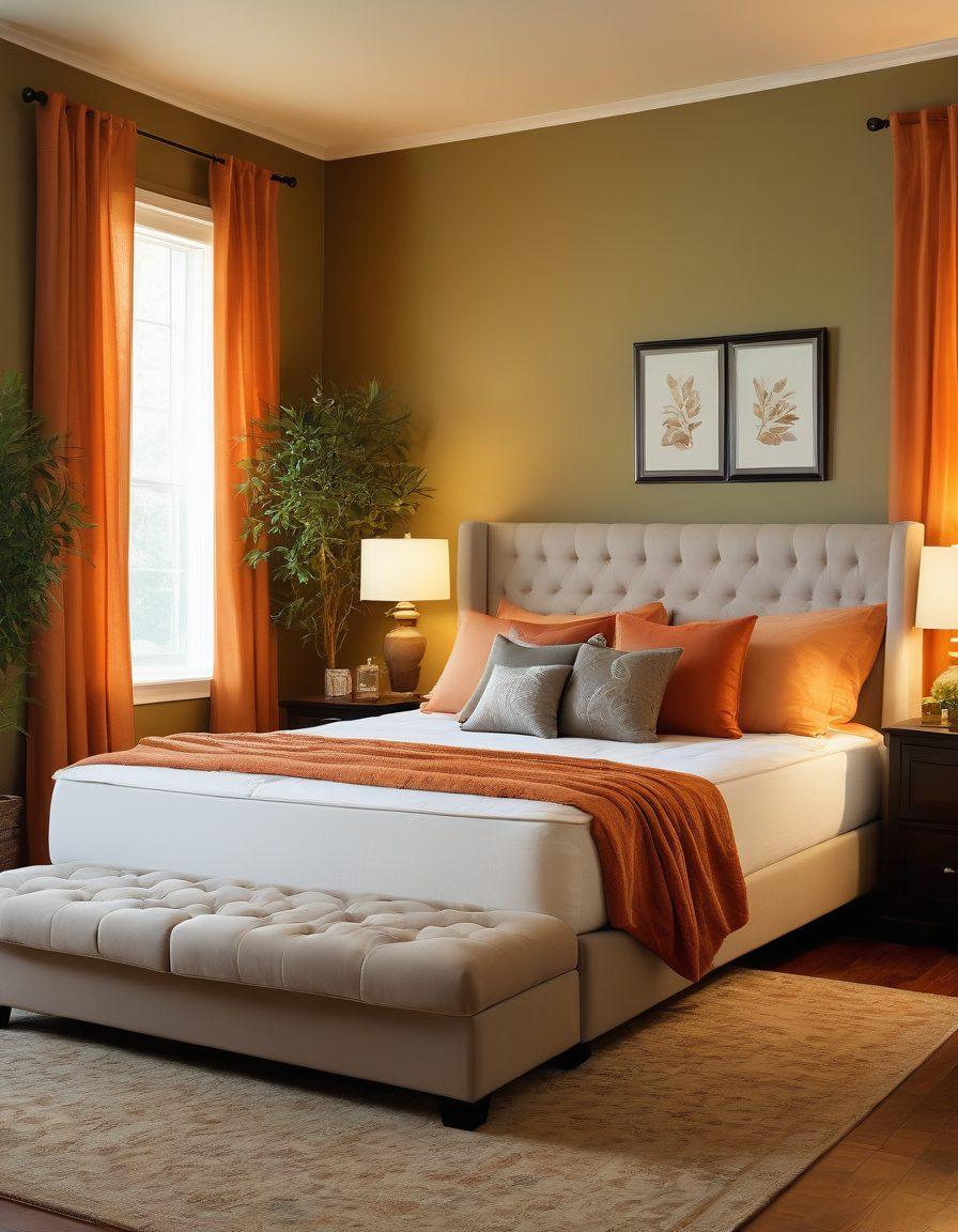 A serene and inviting bedroom showcasing ABC Waterbed products, illuminated by soft, warm lighting. The room features a lush waterbed with elegant bedding, surrounded by stylish furniture, calming wall colors, and decorative plants. Include elements like dimmed bedside lamps and cozy blankets to evoke a feeling of comfort and tranquility. A window with soft curtains letting in gentle light enhances the relaxing atmosphere. super-realistic. warm colors. cozy ambiance.